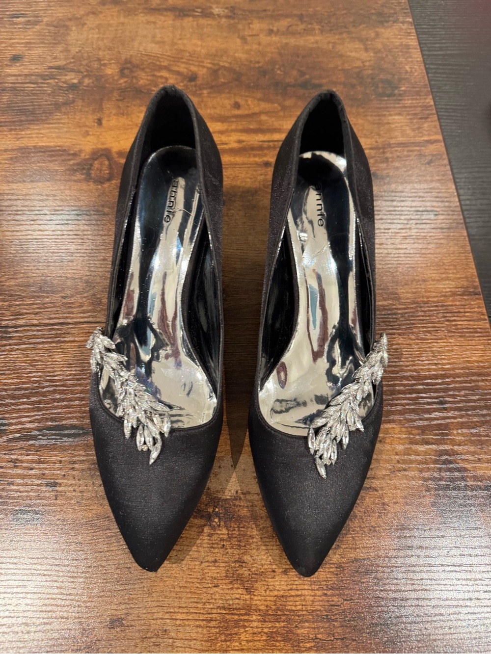 Annie Size 10 Black Satin Pumps With Crystal Embellishments